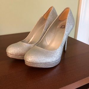 High heeled silver glitter stilettos